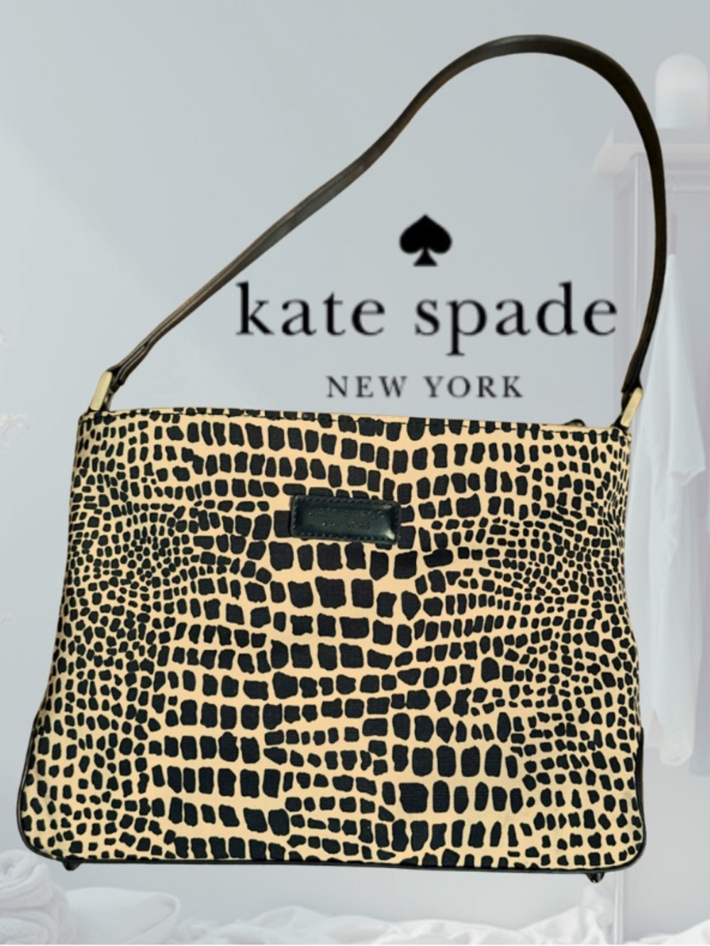 Vintage Y2K Kate Spade Black and Cream Textured-Print Shoulder Bag